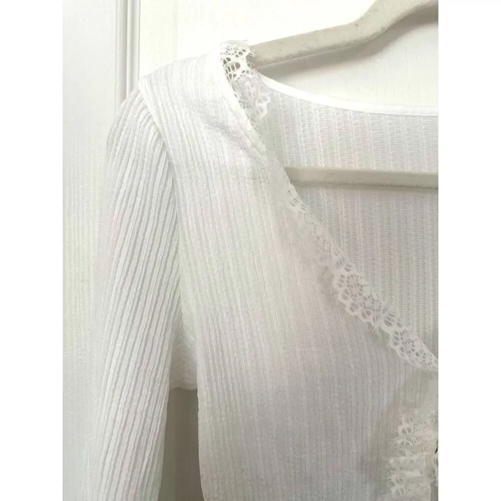 Commense White Ribbed Lace Trim Hook Front Long Sleeve Crop Top Small Boho Fairy - Picture 3 of 10